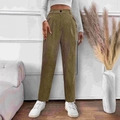 Pantalon femme en velours côtelé taille haute et coupe droite vert olive - S / Kaki