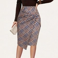 Elegant high waist pencil skirt with houndstooth pattern and front knot detail - S / Blue Red Plaid