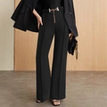 Women's black high-waisted wide-leg trousers featuring a stylish gold chain belt accessory - S / Bottoms / Black