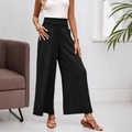 Pantalones de mujer de talle alto y pierna ancha en negro con textura de canalé vertical - S / Negro
