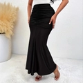 Elegant black high waisted mermaid skirt with slimming ruched texture and fishtail hemline - S / Black