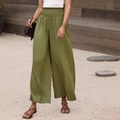 Pantalones de pierna ancha verde hierba con cintura elástica fruncida y tejido texturizado - S / Verde