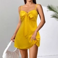 Mini abito estivo giallo con fiocco e tessuto testurizzato per le vacanze - Taglia S / Giallo
