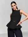 Women's black sleeveless peplum vest with gold horsebit belt and wide-leg trousers - S / Black