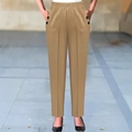 Khaki high waist plaid trousers with elastic waistband and decorative black buttons - S / Bottoms / Khaki
