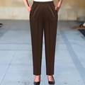 Women's high waist dark brown plaid trousers with elastic waistband and button pockets - S / Bottoms / Brown