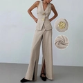 V-neck sleeveless vest and wide-leg pants set in oatmeal linen with gold rose buttons - S / Khaki