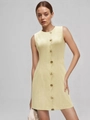 Elegantes hellgelbes ärmelloses Minikleid mit Wellenkante und goldenen Meeresknöpfen - S / Hellgelb