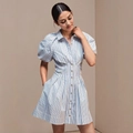 Vestido camisero de rayas azules y blancas con mangas abullonadas y bajo plisado - S / Azul Celeste