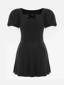Detail of square neckline with bow and pleated puff sleeves on the black mini dress - S / Dresses / Gray