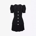 Petite robe noire vintage française avec manches bouffantes et boutons en cristal - S / Noir