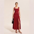 Elegante completo rosso scuro a due pezzi con gilet bottoni e gonna lunga a pieghe - XS / Rosso