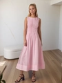 Elegante mouwloze roze midi-jurk met geplooid bovenstuk en A-lijn silhouet voor dames - S / Roze