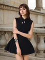 Elegant black sleeveless A-line mini dress with high neck and silver textured buttons - S / Black