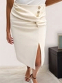 Elegant cream midi skirt with asymmetric waist pleats, gold buttons, and a front slit - S / Bottoms / Apricot