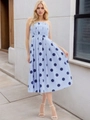 Elegant light blue polka dot sleeveless midi dress with high waist pleats for summer - S / Sky Blue