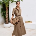 Detail of khaki button-down shirt dress with short sleeves and slim brown leather belt - S / Khaki