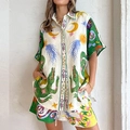 Completo due pezzi da donna con camicia stampata a maniche corte e pantaloncini casual estivi - L / Verde Floreale