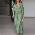 Elegant sage green long sleeve dress with V-neck, waist buckle, and side split detail - S / Green