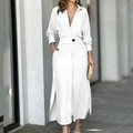 Minimalist white long sleeve V-neck maxi shirt dress with waist button and side slits - S / White