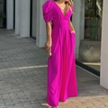 Tuta elegante magenta con scollo a V, maniche a sbuffo e design a gamba larga - S / Rosa Rosso