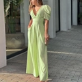 Combinaison vert citron à col en V avec manches bouffantes et pantalon large - S / Vert clair