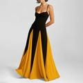 Elegant sleeveless long dress featuring a striking black and yellow contrast patchwork design - 3XL / Sunflower Yellow Patchwork Halter Style (28457)