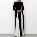 Elegant long sleeve maxi dress featuring black body and white pleated contrast hem - 3XL / Black And White Patchwork Long Sleeve Style (28687)