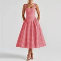 Red and white gingham check midi dress with square neck and slim fit waist - S / Red