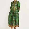 Detailed view of green maxi dress with tropical print, shirt collar and woven waist belt - 3XL / Green Peacock Print