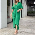 Emerald green lapel shirt dress with waist tie and irregular hem in mid-sleeve style - 3XL / Green