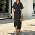 Elegant black short sleeve shirt dress with lapel collar and adjustable waist belt - 3XL / Black