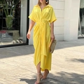 Vibrant yellow midi shirt dress with lapel collar and waist tie for a stylish spring look - 3XL / Yellow