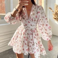 Elegant white floral mini dress with pink rose print and delicate lace trim accents - White