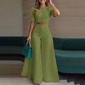Olive green two-piece set featuring cropped button top and high-waist wide-leg trousers - S / Top And Bottom / Green