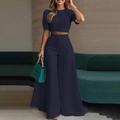 Navy blue two-piece set for women featuring short sleeve crop top and high waist wide leg pants - S / Top And Bottom / Dark Blue