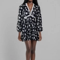 Elegant floral mini dress in black with deep V-neck, lace trim, and long tiered sleeves - 3XL / Black With White Flowers
