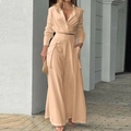 Beige tweedelige damesset met cropped overslagshirt en cargo-broek met hoge taille en wijde pijpen - S / Oranje