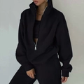 Women's two-piece sports tracksuit set in black featuring half-zip collar sweatshirt - 3XL / Black