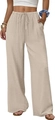 Detailed view of apricot wide-leg pants featuring elastic drawstring waist and side pockets - Apricot