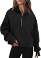 Detail of black half-zip hoodie with thumbhole cuffs and a front kangaroo pocket - Black