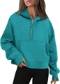 Detail of teal half-zip cropped hoodie with thumbhole cuffs and cozy fleece fabric - Sea Green