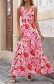 Detail of the V-neckline and tropical floral print on a long tiered maxi dress - Red Flower