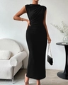 Detail view of the side-ruched tailoring on this elegant black sleeveless maxi dress - S / Black