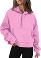 Pink half-zip cropped hoodie with cozy thumbholes and spacious kangaroo pocket detail - S / Pink