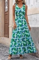 Detail of V-neck tiered maxi dress featuring vibrant green and blue tropical leaf prints - Green Flower