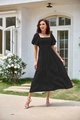 Detail of square neck and puff sleeves on black tiered midi dress with smocked bodice - S / Black