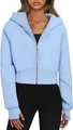 Detail of light blue cropped zip-up hoodie featuring thumbholes and metal zipper - S / Light Blue
