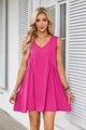 Detail of V-neck sleeveless magenta dress with pleated waist and side pockets - Rose Red
