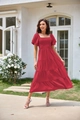Detail of square neckline with smocking and puff sleeves on a red tiered dress - S / Red
